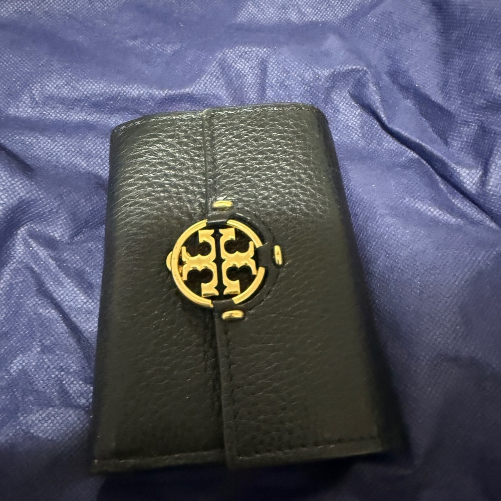 Tory Burch Black Leather Card Holder with Gold Emblem
